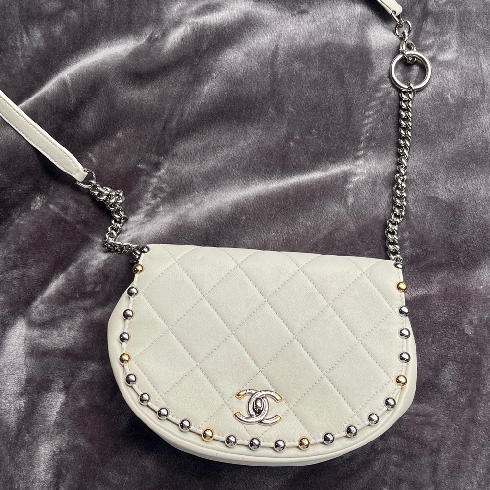 CHANEL Cream Quilted Leather Crossbody with Mixed Metal Studs